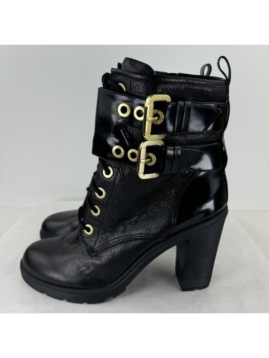 Guess Shoes - Guess Finlay Black Side Zip High Heel Leather Boots Womens Sz 8.5M Buckle Strap